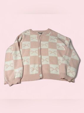 Sincerely Jules Pink and White Checkerboard Bow Cardigan